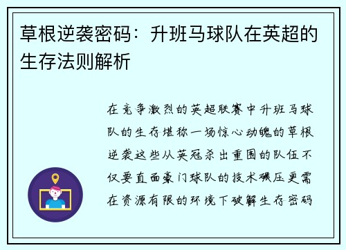 草根逆袭密码：升班马球队在英超的生存法则解析