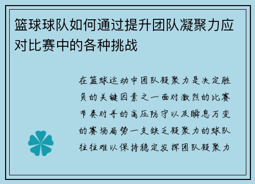 篮球球队如何通过提升团队凝聚力应对比赛中的各种挑战